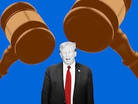 A photo illustration shows Donald Trump with two gavels looming over his head