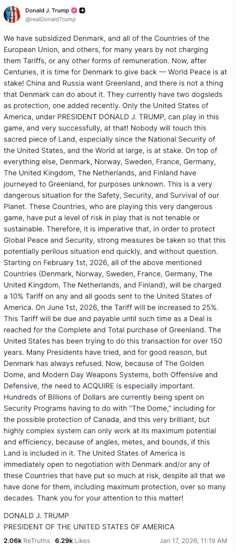 A January 17 Truth Social post from President Donald Trump detailing new tariffs on U.S.'s closest allies.