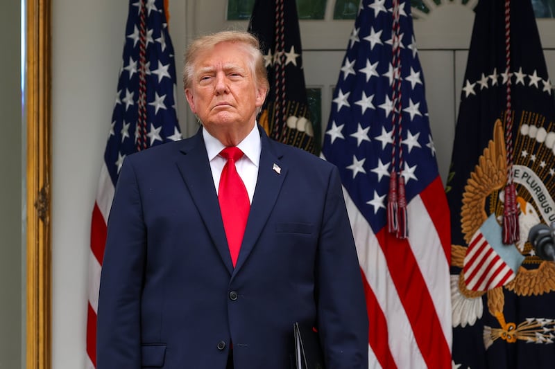 U.S. President Donald Trump arrives to speak during a luncheon in the Rose Garden of the White House on October 15, 2026 in Washington, DC.