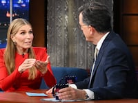 The Late Show with Stephen Colbert and guest Nicolle Wallace during Tuesday’s June 10, 2025 show. Photo: Scott Kowalchyk ©2025 CBS Broadcasting Inc. All Rights Reserved.