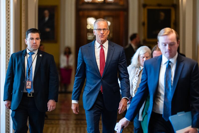 Senate Majority Leader John Thune pictured leaving the Senate floor to go back to his office on Wednesday, July 16, 2025 ahead of the Senate voting to claw back $9 billion including cutting foreign aid and funds for public broadcasting.