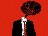 An illustration including a photo of a floating suit with a chat bubble wrapped in barbed wire