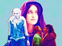 A photo illustration of Freya Allan, Anya Chalotra, Joey Batey, and Cassie Clare.