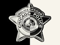 A photo illustration of a Chicago Police badge, which is white on the left half and black on the right half.