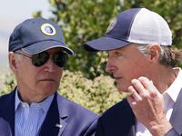 U.S. President Joe Biden speaks with California Governor Gavin Newsom during a visit to the Lucy Evans Baylands Nature Interpretive Center and Preserve, in Palo Alto, California, U.S., June 19, 2023.