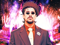 A photo illustration of Bad Bunny in front of a Super Bowl Halftime show.