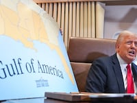 US President Donald Trump speaks to the press before signing a proclamation renaming the Gulf of Mexico as the Gulf of America aboard Air Force One enroute to New Orleans, Louisiana on Febrary 09, 2025.