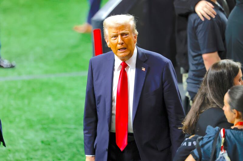 President Donald Trump walks on the field during Super Bowl LIX between the Philadelphia Eagles and the Kansas City Chiefs on February 09, 2025, at the Caesars Superdome in New Orleans, LA.