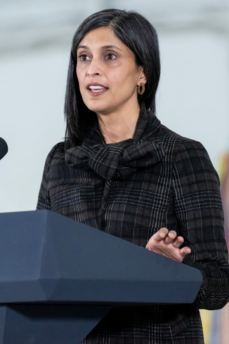 US Second Lady Usha Vance speaks prior to making care packages for deployed members of the US military