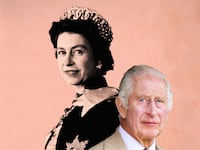 A photo illustration shows a vintage picture of Queen Elizabeth overlayed with a picture of King Charles looking up to her fondly