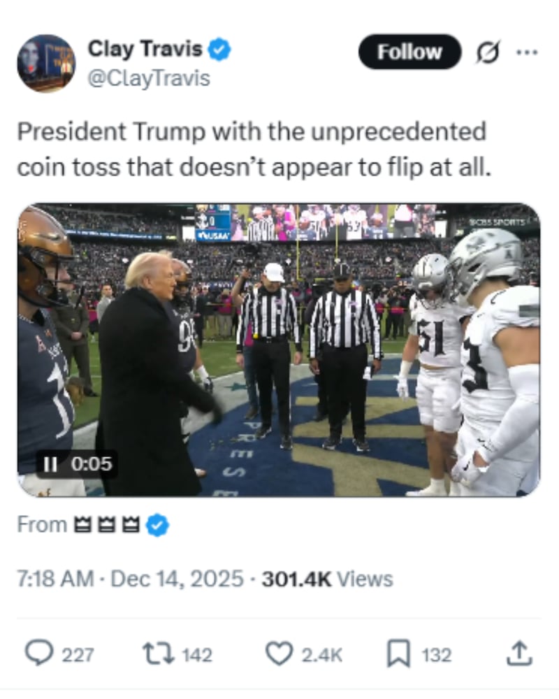 Social media users respond to Donald Trump's coin flip at the Army-Navy game.