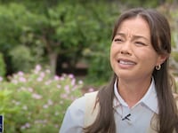 Nicole Shanahan speaks during a TV interview outside in California.