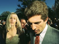 Actor Daryl Hannah with former boyfriend John F. Kennedy Jr. (1960 - 1999) at Edward Kennedy Jr.'s wedding on Block Island, Rhode Island, 10/10/93.