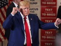 Republican presidential candidate former President Donald Trump departs a rally on in Sioux Center, Iowa.