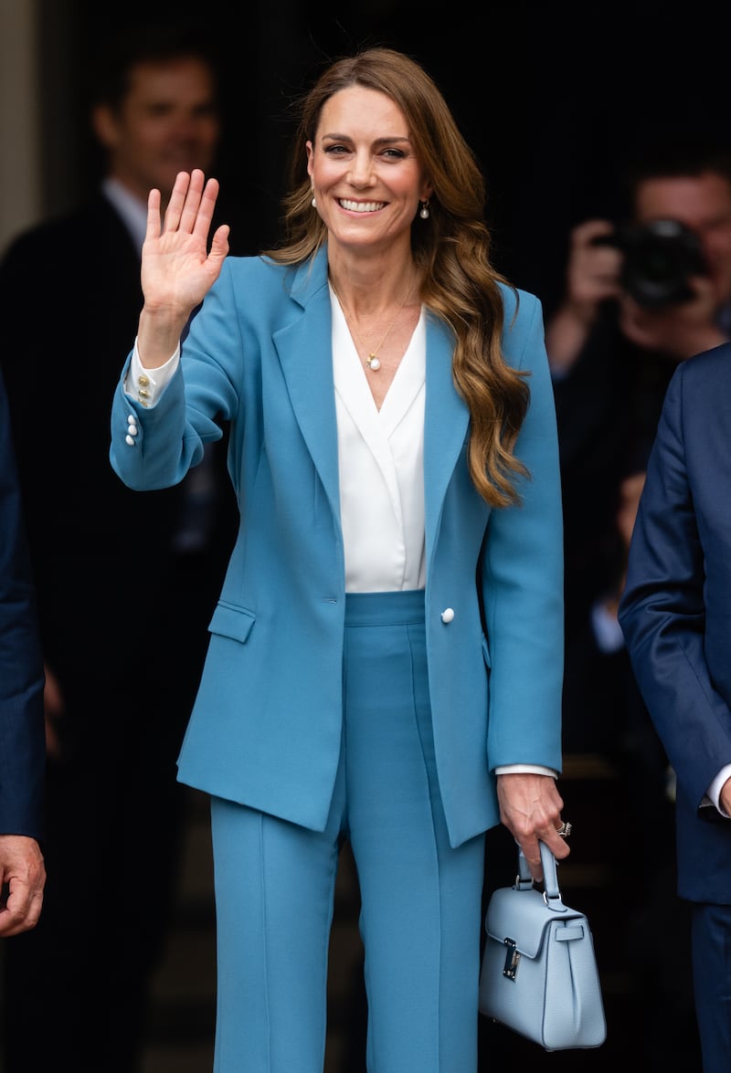 Catherine, Princess of Wales, visits the Piazza Camillo Prampolini in a monochrome blue suit, where she is welcomed to the city at Reggio Emilia’s Town Hall on May 13.
