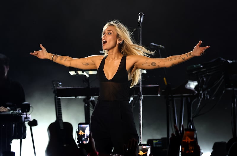 Miley Cyrus, seen performing onstage at the Hollywood Bowl, was rumored to be in the running to headline the Super Bowl Halftime Show.