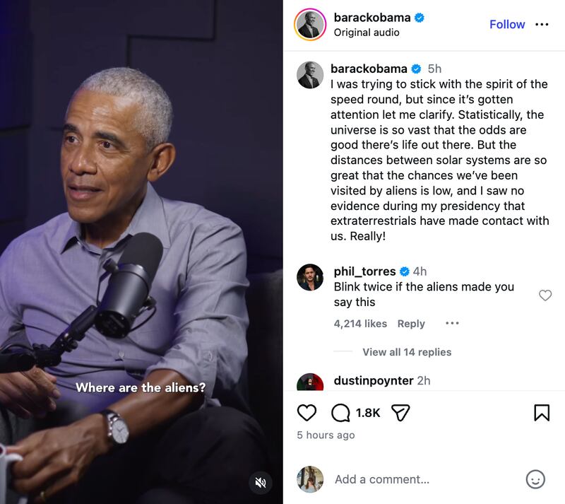 Barack Obama Instagram post about aliens