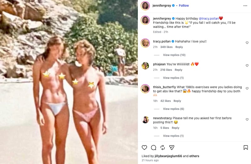 Actresses Jennifer Grey and Tracy Pollan pose topless in an Instagram post for Pollan’s 66th birthday.
