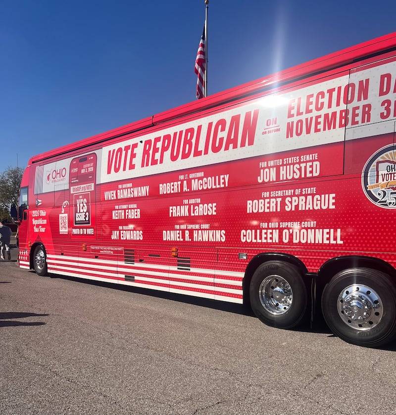 The private jet fan Ramaswamy is part of a "vote Republican" bus tour with statewide candidates.
