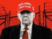 Donald Trump in a MAGA hat on a red background in front a chain fence in Guantanamo Bay