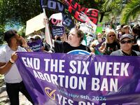 Abortion rights advocates gather to launch their campaign with a march against the six-week abortion ban ahead of November 5, when Florida voters will decide on whether there should be a right to abortion in the state, in Orlando, April 13, 2024.