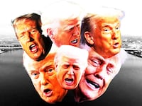Many faces of Donald Trump yelling layered over a black and white image of a rendering of the Gordie Howe International Bridge