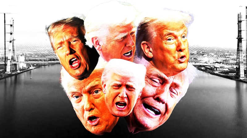 Many faces of Donald Trump yelling layered over a black and white image of a rendering of the Gordie Howe International Bridge