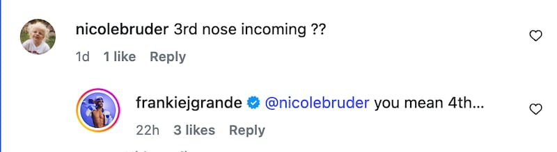 Frankie Grande responds to a comment quipping about his nose procedures.