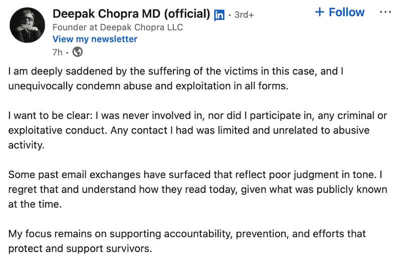 Deepak Chopra posts on LinkedIn about appearing in the Epstein Files.