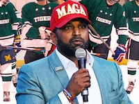 A photo illo illustration of Kash Patel, and the Woodrow Wilson High School hockey team that Patel coached from 2017-2019.
