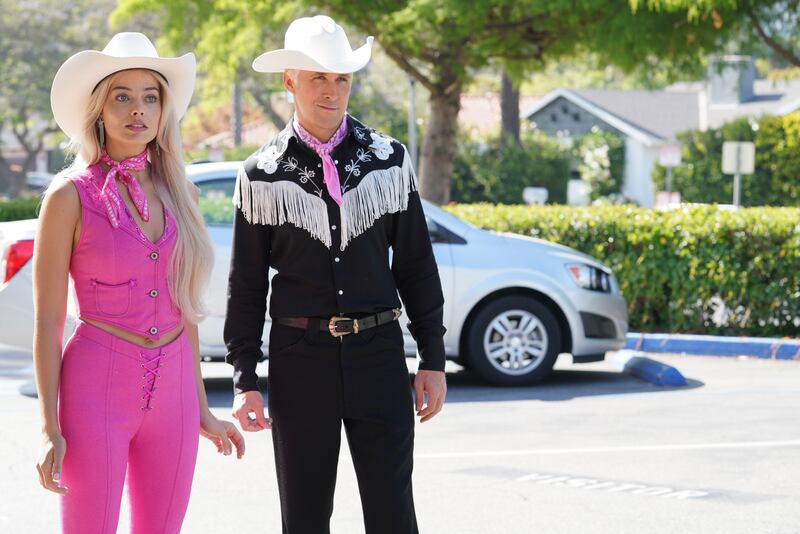 Film still of Margot Robbie and Ryan Gosling in 'Barbie.'