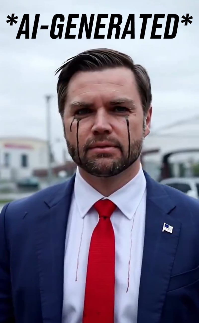 AI-generated image of JD Vance with eyeliner running down his face.