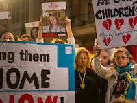 The parents and relatives of children kidnapped on October 7th, along with families of hostages and their supporters take part in a demonstration outside the UNICEF headquarters.