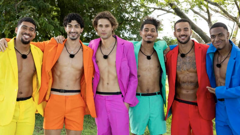 Love Island stars Sean David Reifel, Zacharias Georgiou, Bryce Alakai Dettloff, Sincere Nicholas Rhea, Gabriel Vianna Vasconcelos, and Kuman Dameon Chandler pose for a week one episode photo.