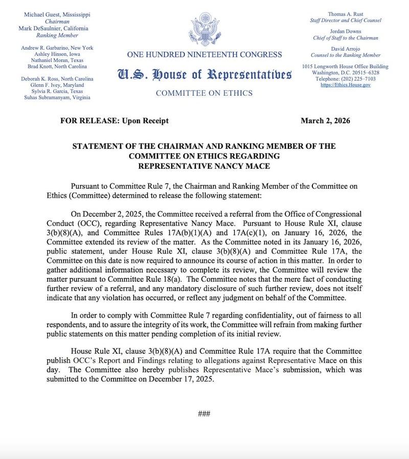 The House Committee on Ethics released this statement on its investigation into Mace's finances.