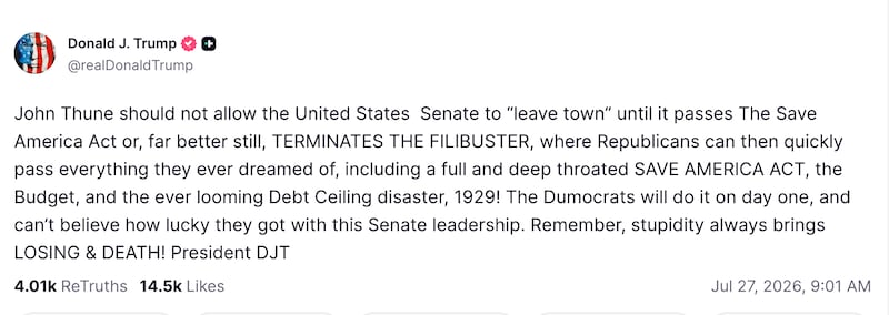Trump freaks out over the Senate heading out next week on recess.
