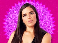 A photo illustration of America Ferrera on pink and purple background.