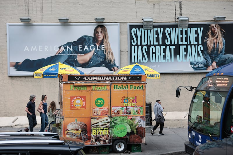 NEW YORK, NEW YORK - AUGUST 01: Billboards of actress Sydney Sweeney is seen outside of an American Eagle store on August 01, 2025 in New York City. American Eagle’s recent denim ad campaign featuring Sweeney has drawn backlash for language and imagery that critics say echoes eugenics-era rhetoric, following a tagline referencing “great genes” alongside visuals of Sweeney in blue jeans. (Photo by Michael M. Santiago/Getty Images)
