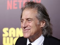 Richard Lewis, wearing a suit and tie, poses at a premier.
