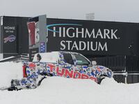 Highmark Stadium, home of the Buffalo Bills, is surrounded by snow as seen from Abbott Road on December 26, 2022 in Orchard Park, New York.