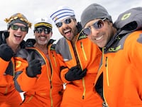 Cory Michael Smith, Steve Carell, Ramy Youssef, and Jason Schwartzman in Mountainhead.