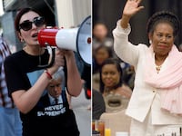 Laura Loomer shows her support for former President Donald Trump outside a campaign event for Republican presidential candidate Florida Gov. Ron DeSantis and Sheila Jackson Lee (left) attends the 2023 Texas Black Expo 20th Anniversary corporate awards.