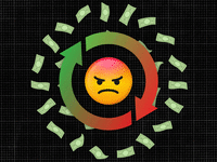 Animation of a mad emoji face and money spinning around.