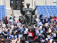 People rally inside the Columbia University which is occupied by pro-Palestian protesters in New York.