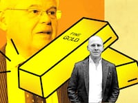 A photo illustration shows Bob Menendez and Bob Luskin overlayed an illustration of gold bars.