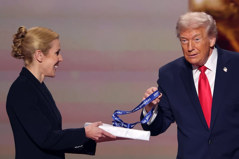 President Donald Trump receives the FIFA Peace Prize during the FIFA World Cup 2026 Official Draw at John F. Kennedy Center for the Performing Arts on December 05, 2025 in Washington, DC.