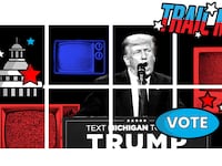 A photo illustration of Donald Trump behind a dais with TVs all around him in a grid
