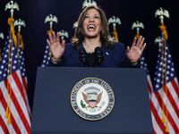 U.S. Vice President and Democratic Presidential candidate Kamala Harris speaks at West Allis Central High School during her first campaign rally in Milwaukee, Wisconsin