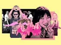 A photo collage that shows stills of cast members of Glee singing