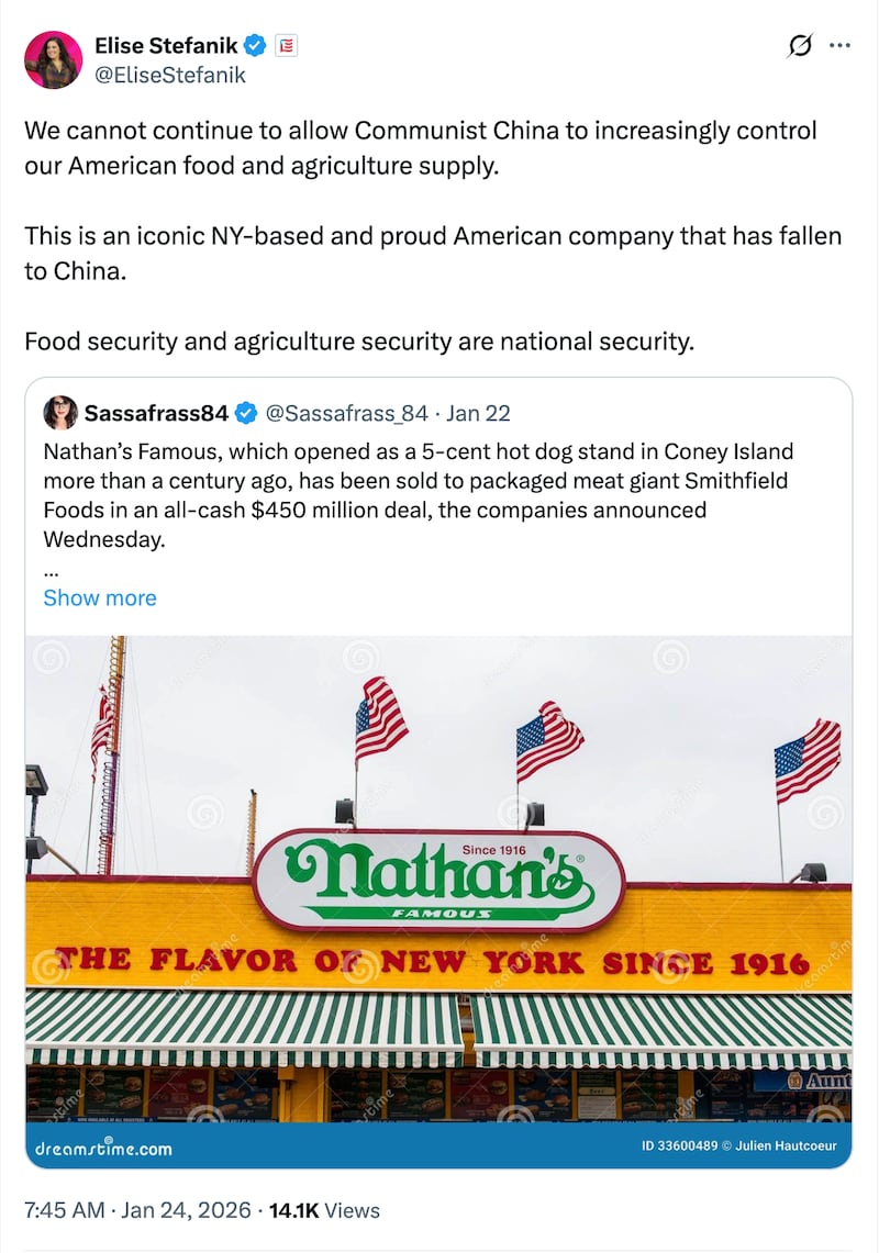 Elise Stefanik complains about Nathan's Famous acquisition: "We cannot continue to allow Communist China to increasingly control our American food and agriculture supply. This is an iconic NY-based and proud American company that has fallen to China. Food security and agriculture security are national security."